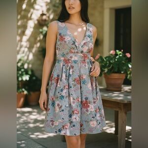 Forever 21 Floral V-Neck Midi Dress - Blue and Pink medium